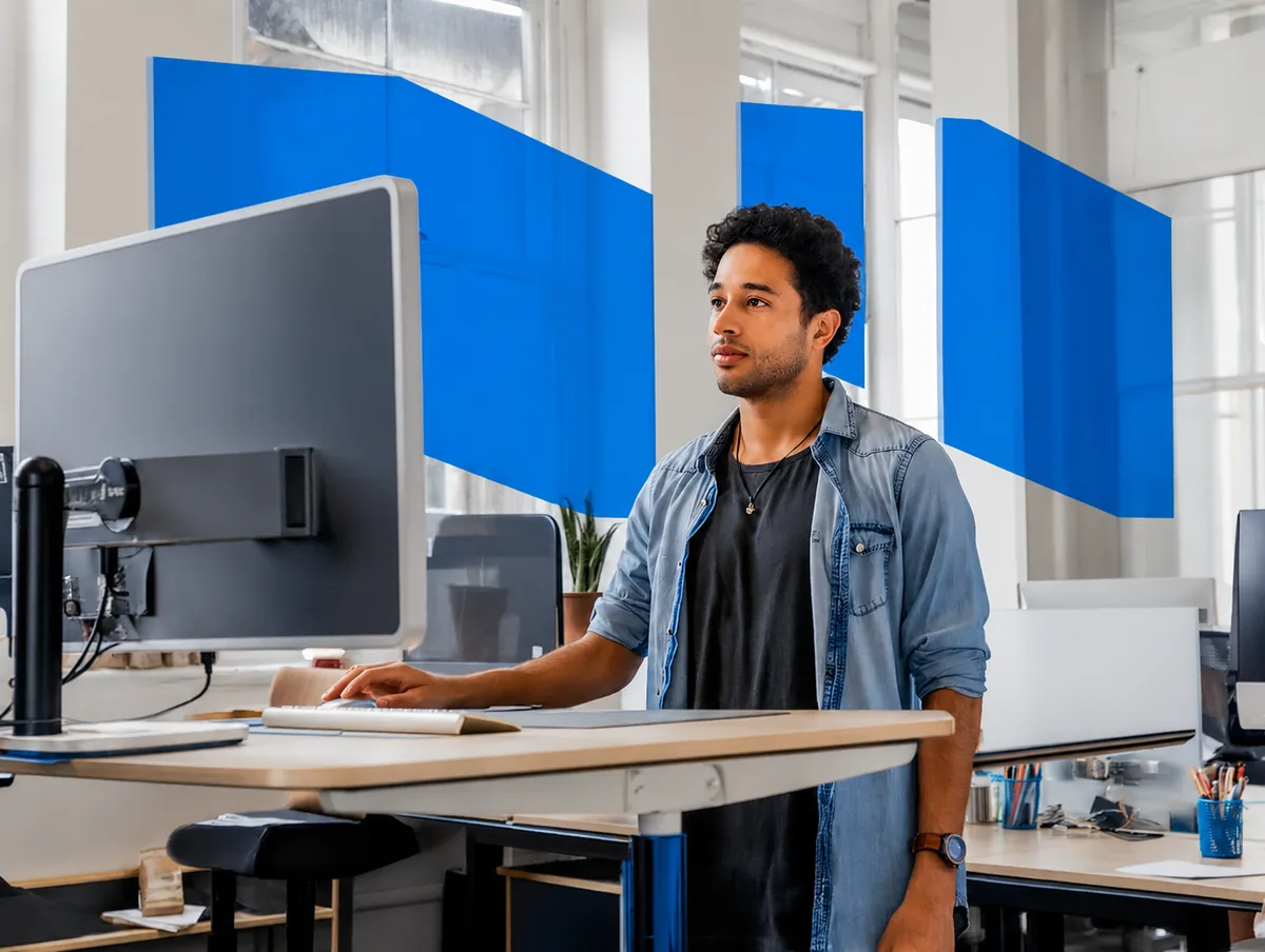 Technology professional working at a standing desk in a modern office, reviewing core technology fundamentals on a laptop